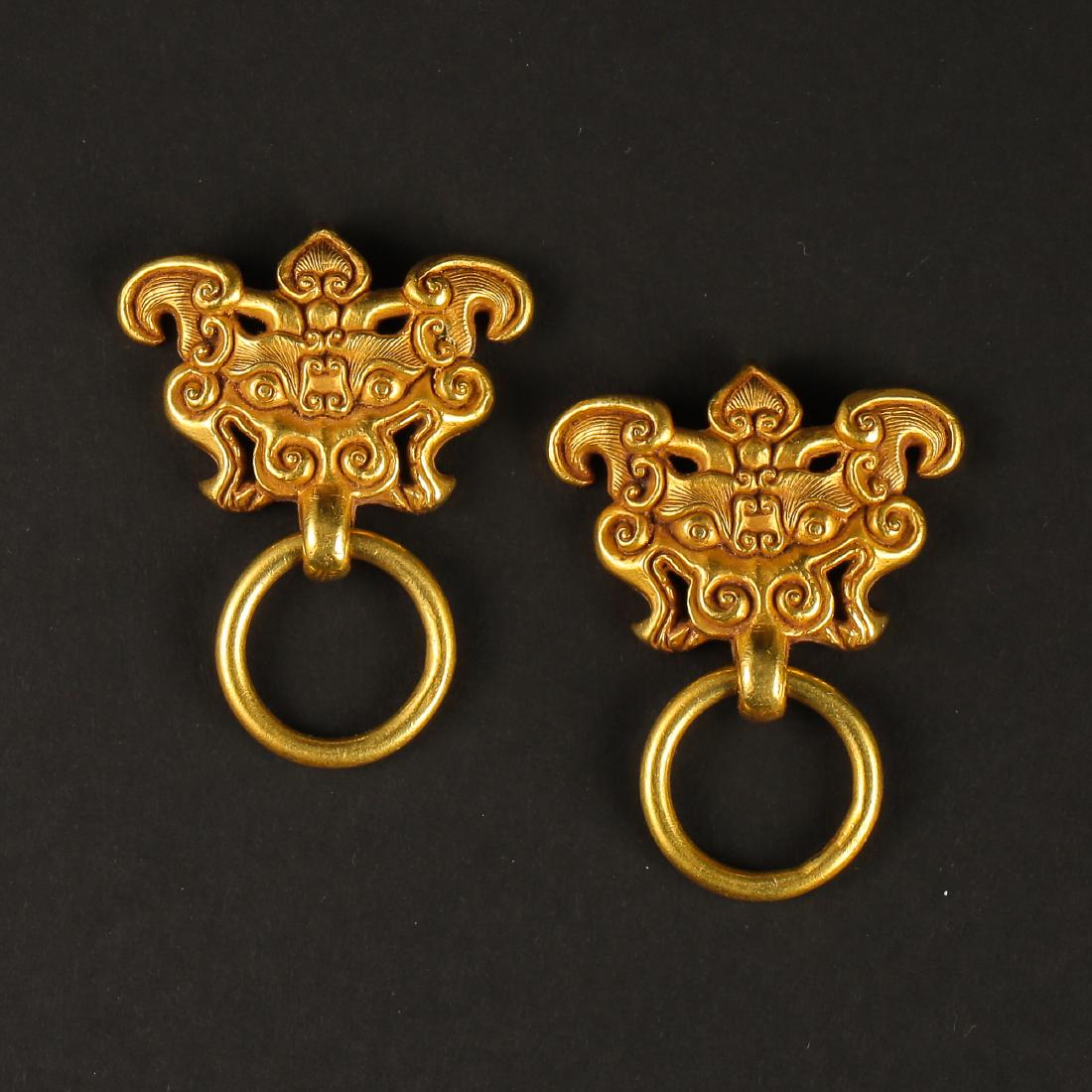 PAIR OF CHINESE PURE GOLD BEAST HEAD DOOR KNOCKER HAN (1 of 5)