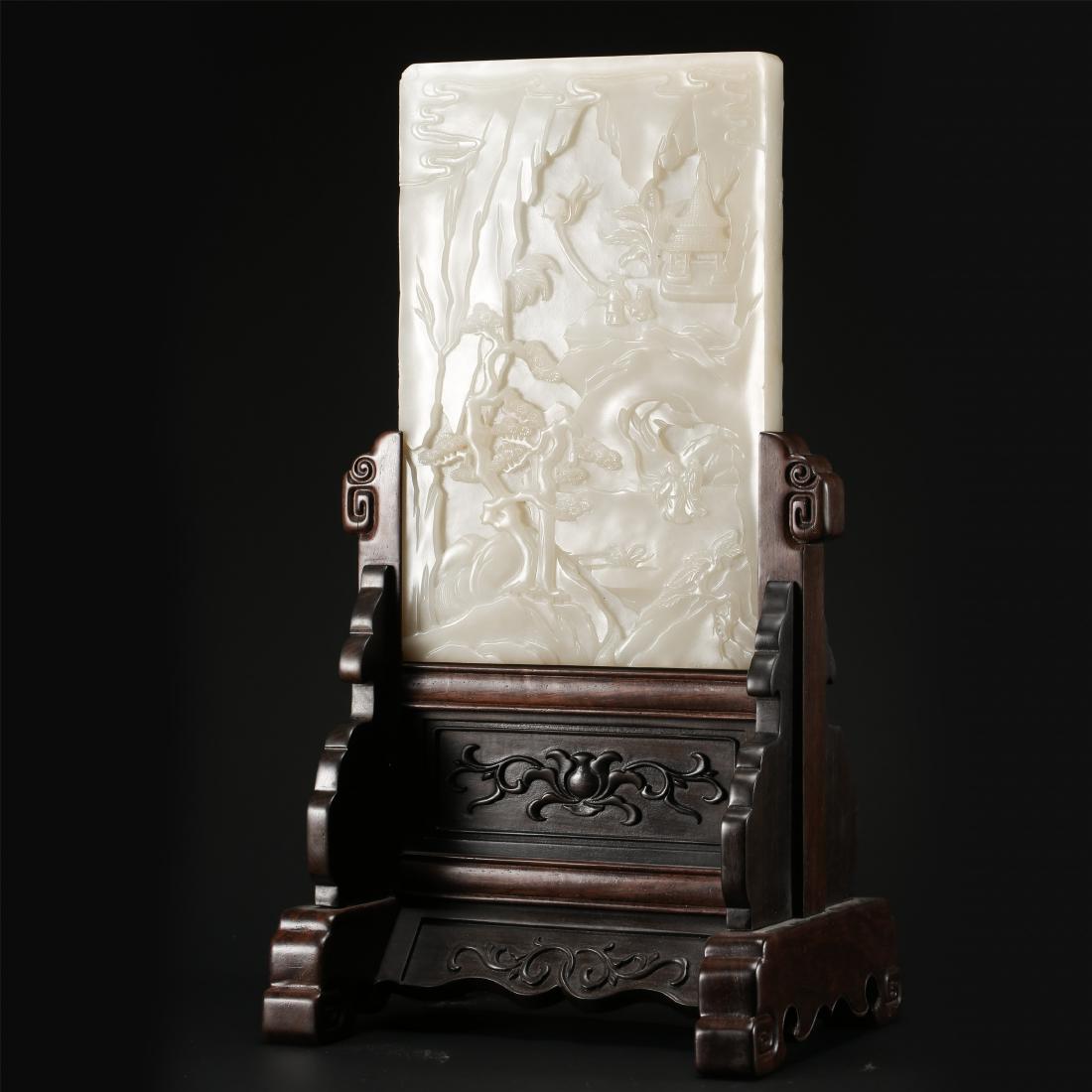 CHINESE WHITE JADE PLAQUE ROSEWOOD TABLE SCREEN (1 of 8)