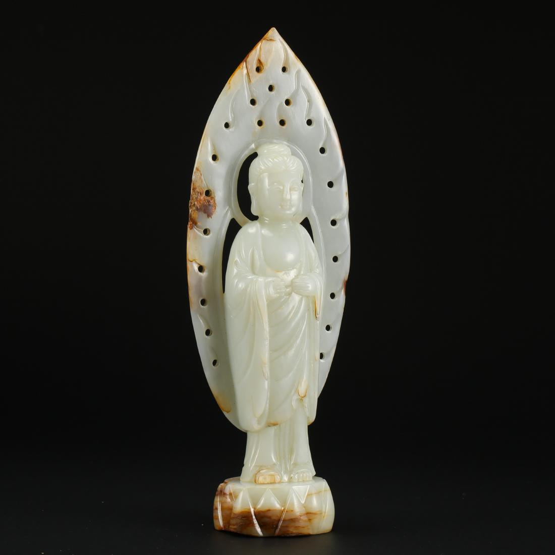 CHINESE JADE STANDING GUANYIN: CHINESE JADE STANDING GUANYIN. H. 25 cm. Weight 686 gram. Domestic shipping $20 and oversea $60. Combined shipping available. Pick-up available in our NJ warehouse. We accept pre-sale offer, phone bid