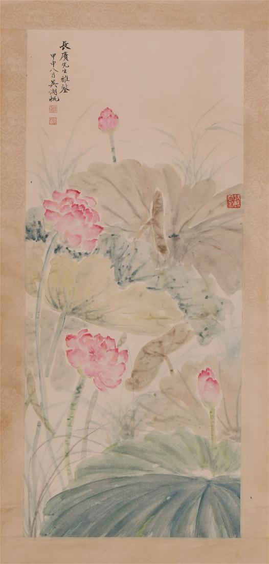 CHINESE SCROLL PAINTING OF LOTUS: CHINESE SCROLL PAINTING OF LOTUS. Image only size 82 cm by 35 cm.Domestic shipping $20 and oversea $60. Combined shipping available. Pick-up available in our NJ warehouse. We accept pre-sale offer, ph