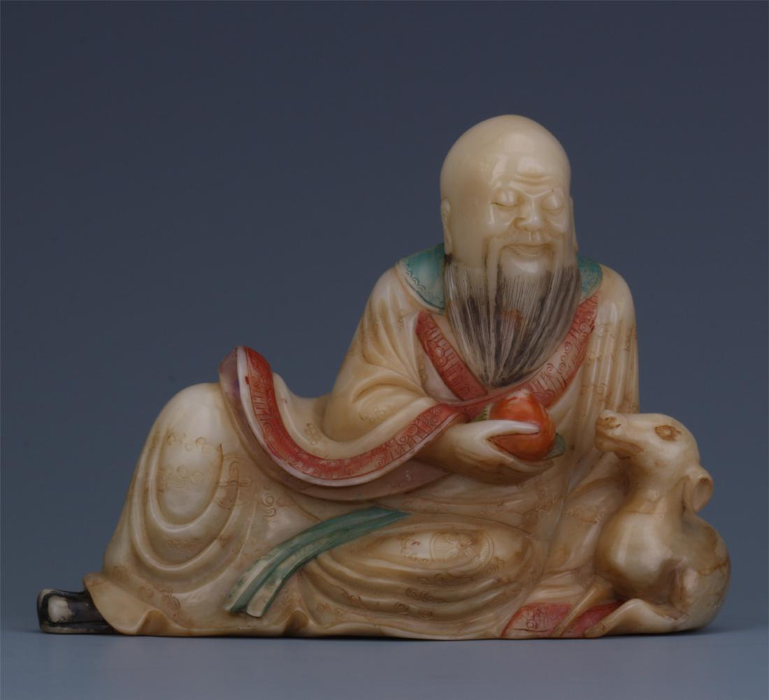 CHINESE COLOR SOAPSTONE COUCHING LOHAN WITH DEER: CHINESE COLOR SOAPSTONE COUCHING LOHAN WITH DEER. L.11 cm. Weight.365 gram.Domestic shipping $20 and oversea $60. Combined shipping available. Pick-up available in our NJ warehouse. We accept pre-sale