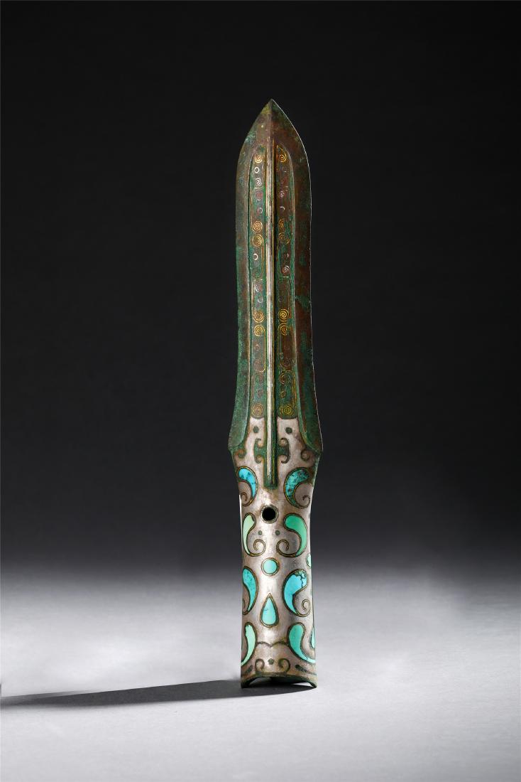 CHINESE TURQUOISE GOLD SILVER INLAID BRONZE SPEAR HEAD (1 of 8)