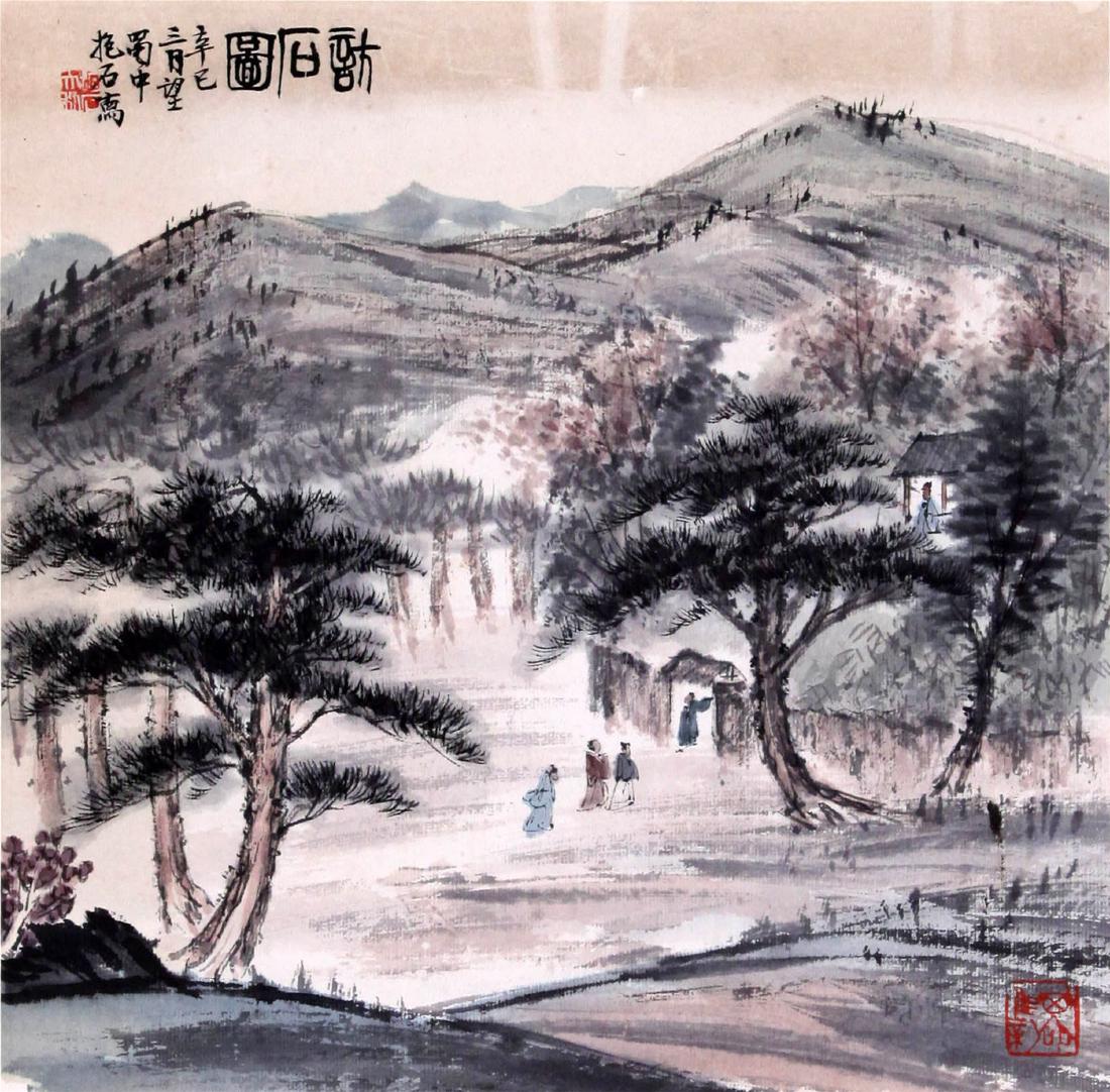 CHINESE SCROLL PAINTING OF MOUNTAIN VIEWS: CHINESE SCROLL PAINTING OF MOUNTAIN VIEWS. Image only size 32 cm by 33 cm. Dated and signed. Domestic shipping $30 and oversea $100. Combined shipping available. Pick-up available in our NJ warehouse.