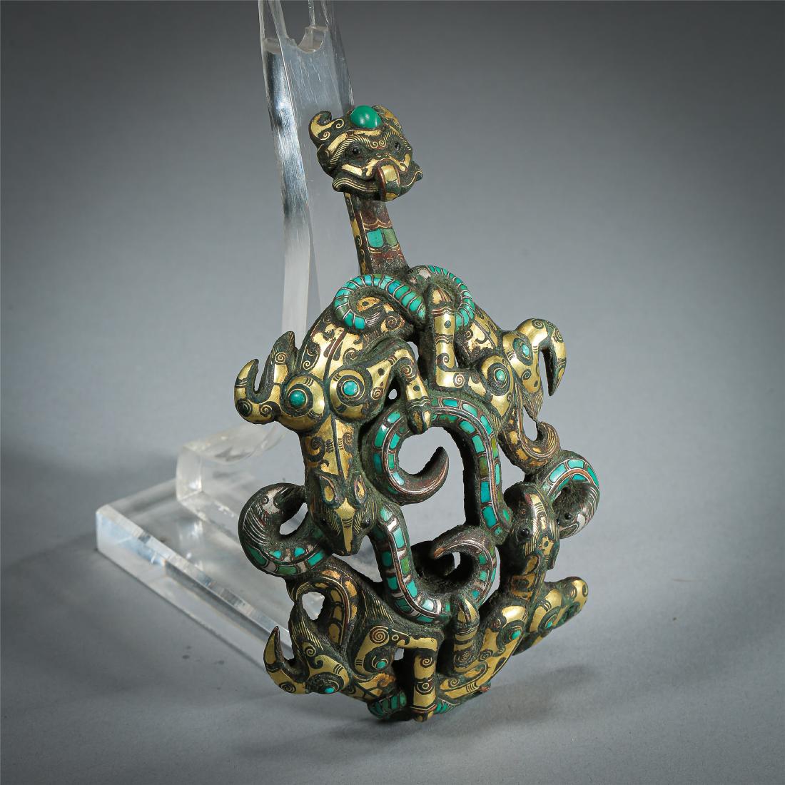 CHINESE GOLD SILVER TURQUOISE INLAID BRONZE DRAGON BELT (1 of 7)