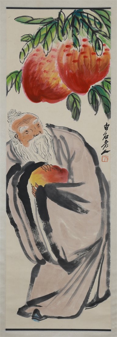 CHINESE SCROLL PAINTING OF OLD MAN WITH PEACH: CHINESE SCROLL PAINTING OF OLD MAN WITH PEACH. 98 cm by 46 cm. Domestic shipping $30 and oversea $100. Combined shipping available. Pick-up available in our NJ warehouse. We accept pre-sale offer, pho