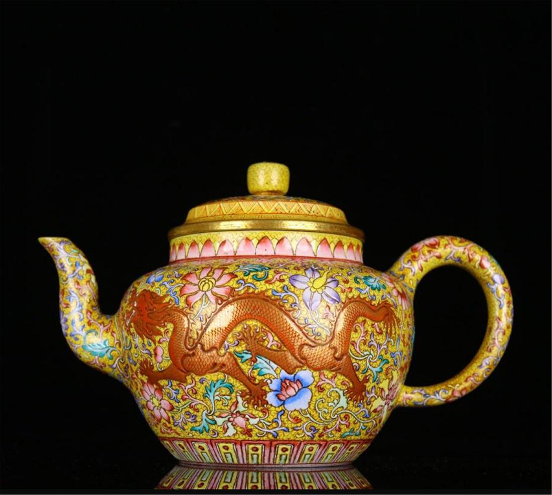 CHINESE YIXING ZISHA CLAY ENAMEL DRAGON TEA POT (1 of 9)