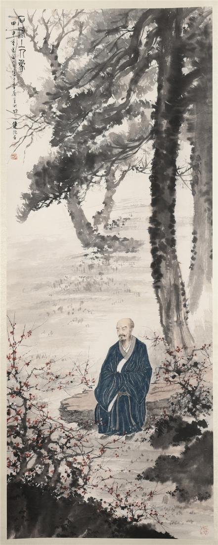 CHINESE SCROLL PAINTING OF OLD MAN UNDER PINE: CHINESE SCROLL PAINTING OF OLD MAN UNDER PINE. Imabe only size 138 cm. by 54 cm. Dated and signed. Domestic shipping $30 and oversea $100. Combined shipping available. Pick-up available in our NJ ware