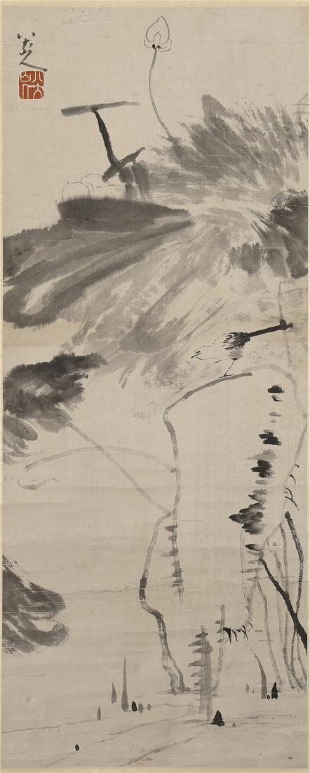 CHINESE SCROLL PAINTING OF LOTUS AND ROCK (1 of 10)