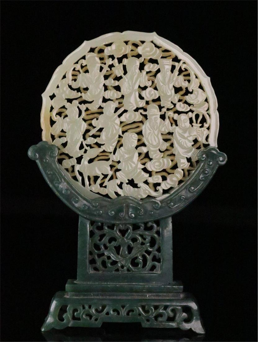 CHINESE WHITE JADE ROUND PLAQUE SPINACH JADE TABLE (1 of 9)