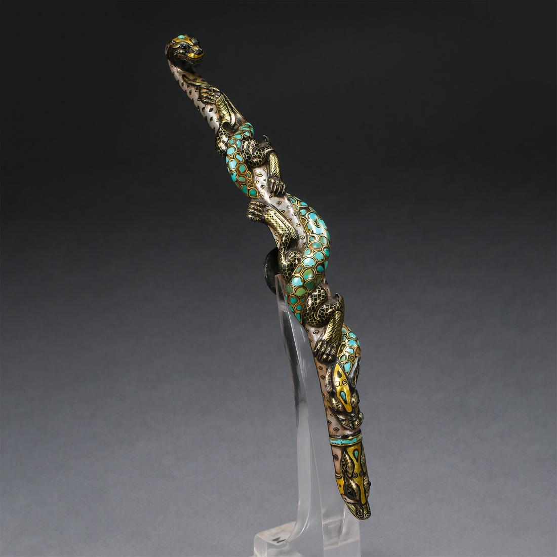 CHINESE SILVER GOLD TURQUOISE INLAID BRONZE DRAGON BELT (1 of 9)