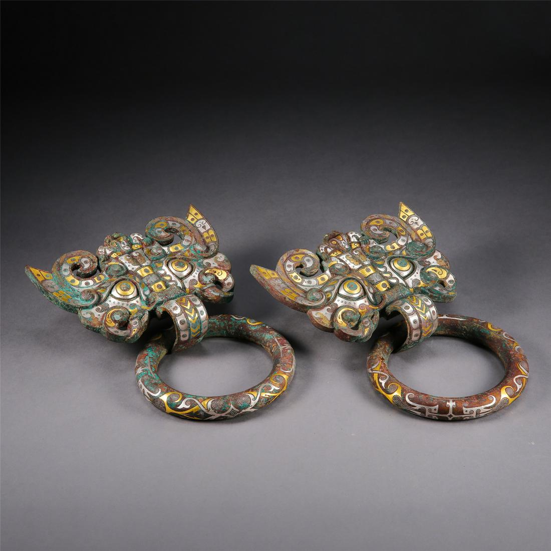PAIR OF CHINESE SILVER GOLD INLAID BRONZE BEAST FACE (1 of 12)