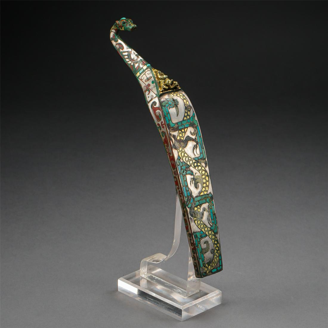 CHINESE GOLD TURQUOISE INLAID BRONZE DRAGON BELT HOOK (1 of 10)