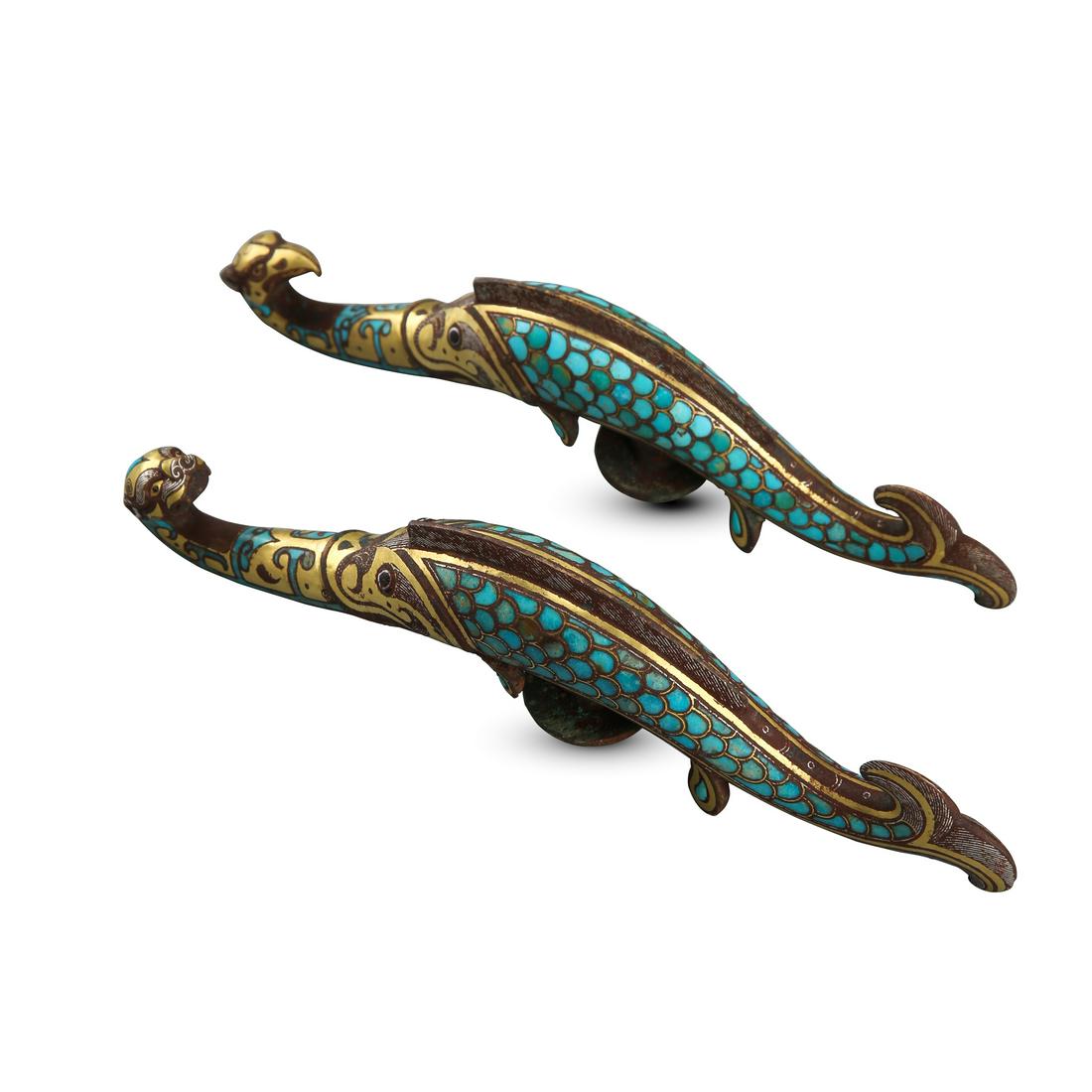 PAIR OF CHINESE GOLD TURQUOISE INLAID BRONZE BIRD BELT (1 of 13)