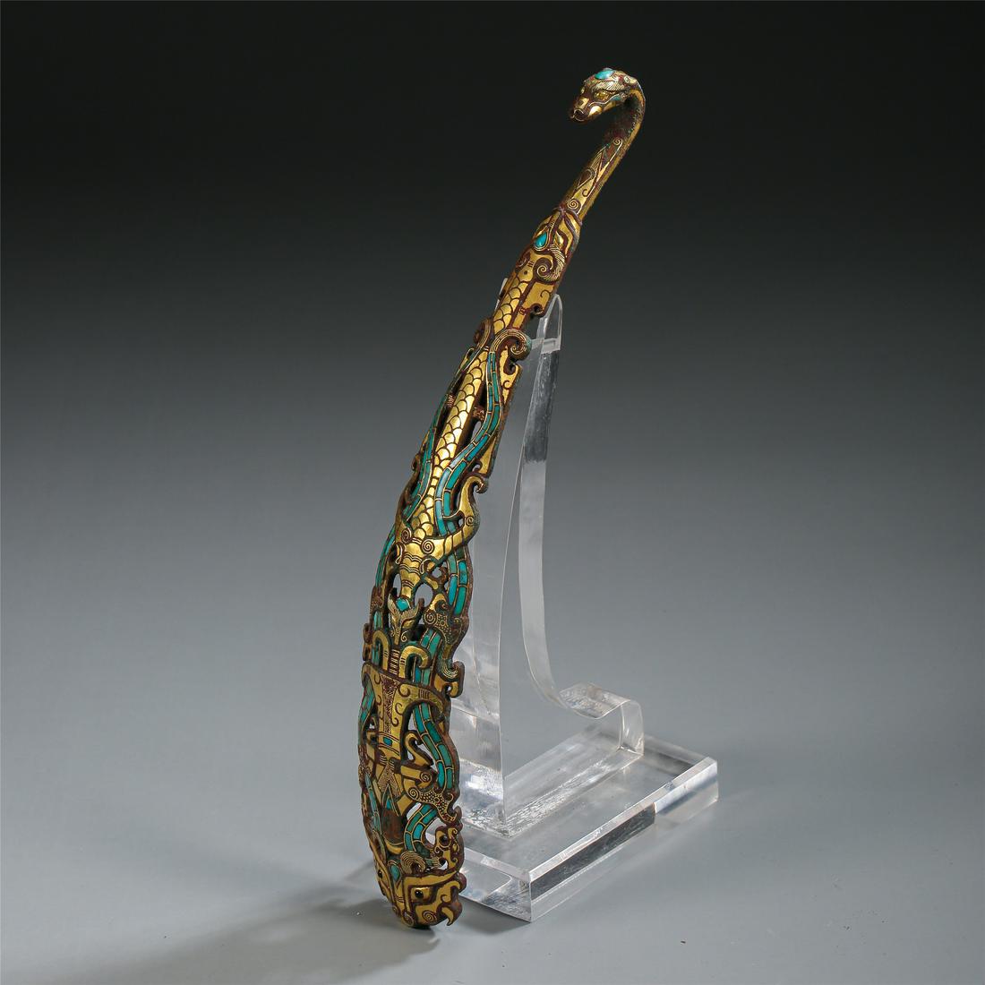 CHIENSE SILVER GOLD TURQUOISE INLAID DRAGON BELT HOOK (1 of 12)