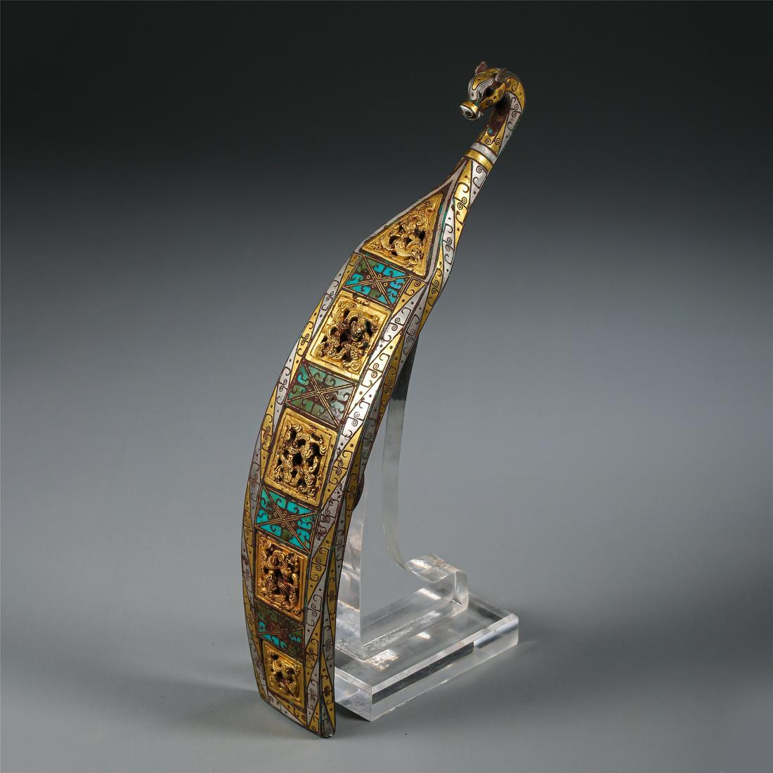 CHINESE GOLD SILVER TURQUOISE INLAID DRAGON BELT HOOK (1 of 12)