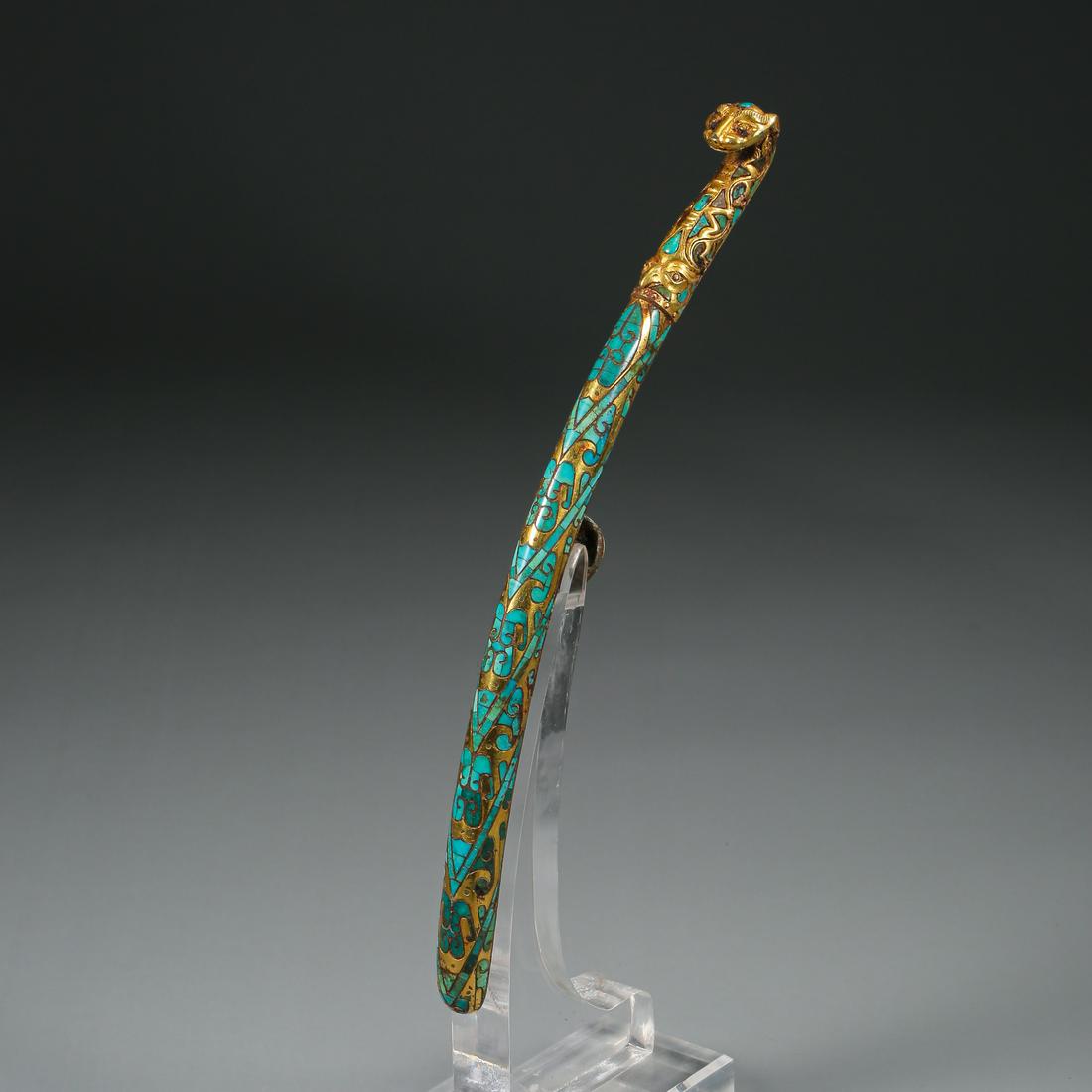 CHINESE SILVER GOLD TRUQUOISE INLAID BRONZE DRAGON BELT (1 of 11)