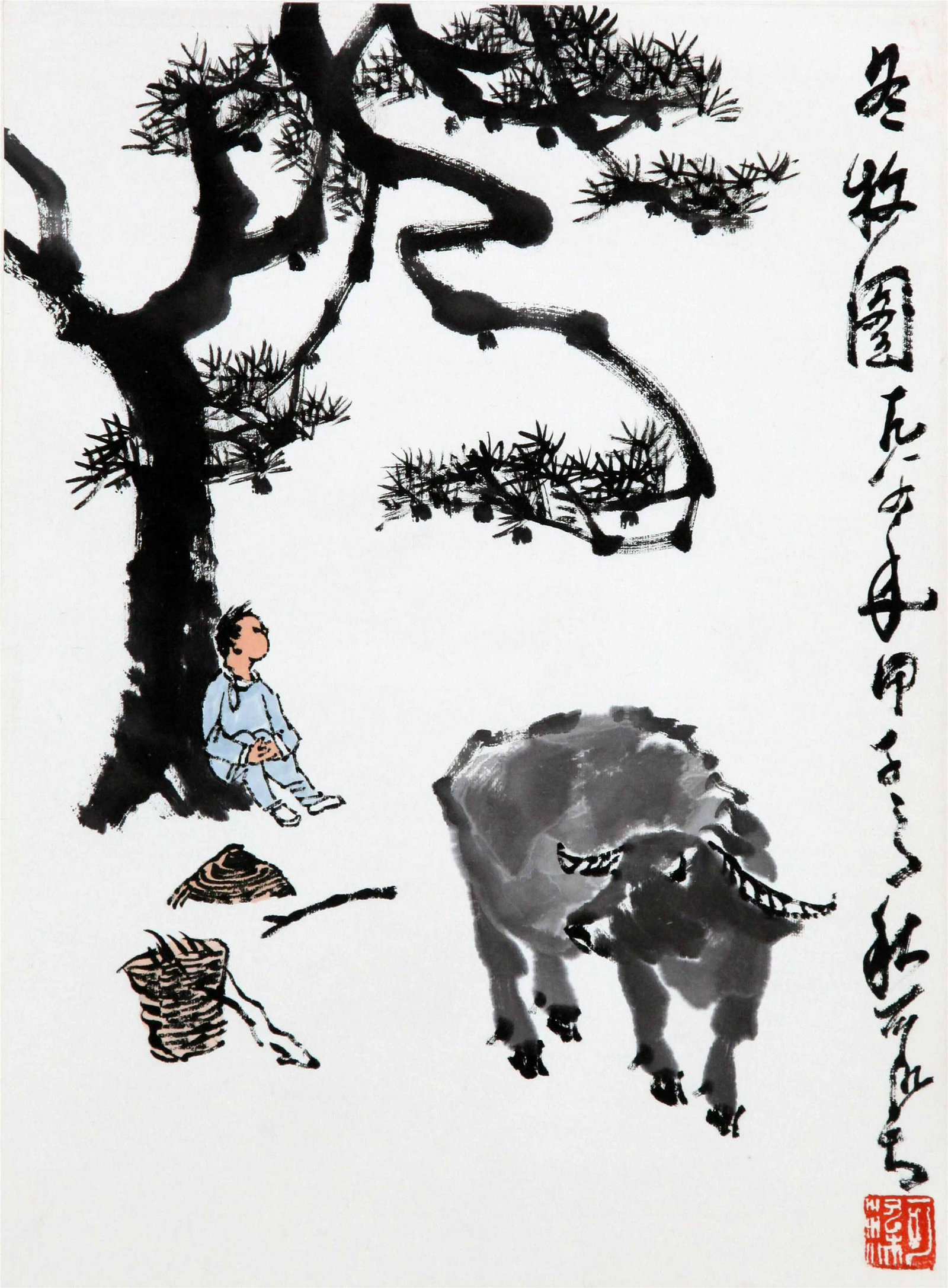 CHINESE SCROLL PAINTING OF BOY AND OX UNDER TREE WITH: CHINESE SCROLL PAINTING OF BOY AND OX UNDER TREE WITH PUBLICATION. Image only size 45cm by 34cm. Domestic shipping $30 and oversea $100. Combined shipping available. Pick-up available in our NJ wareho