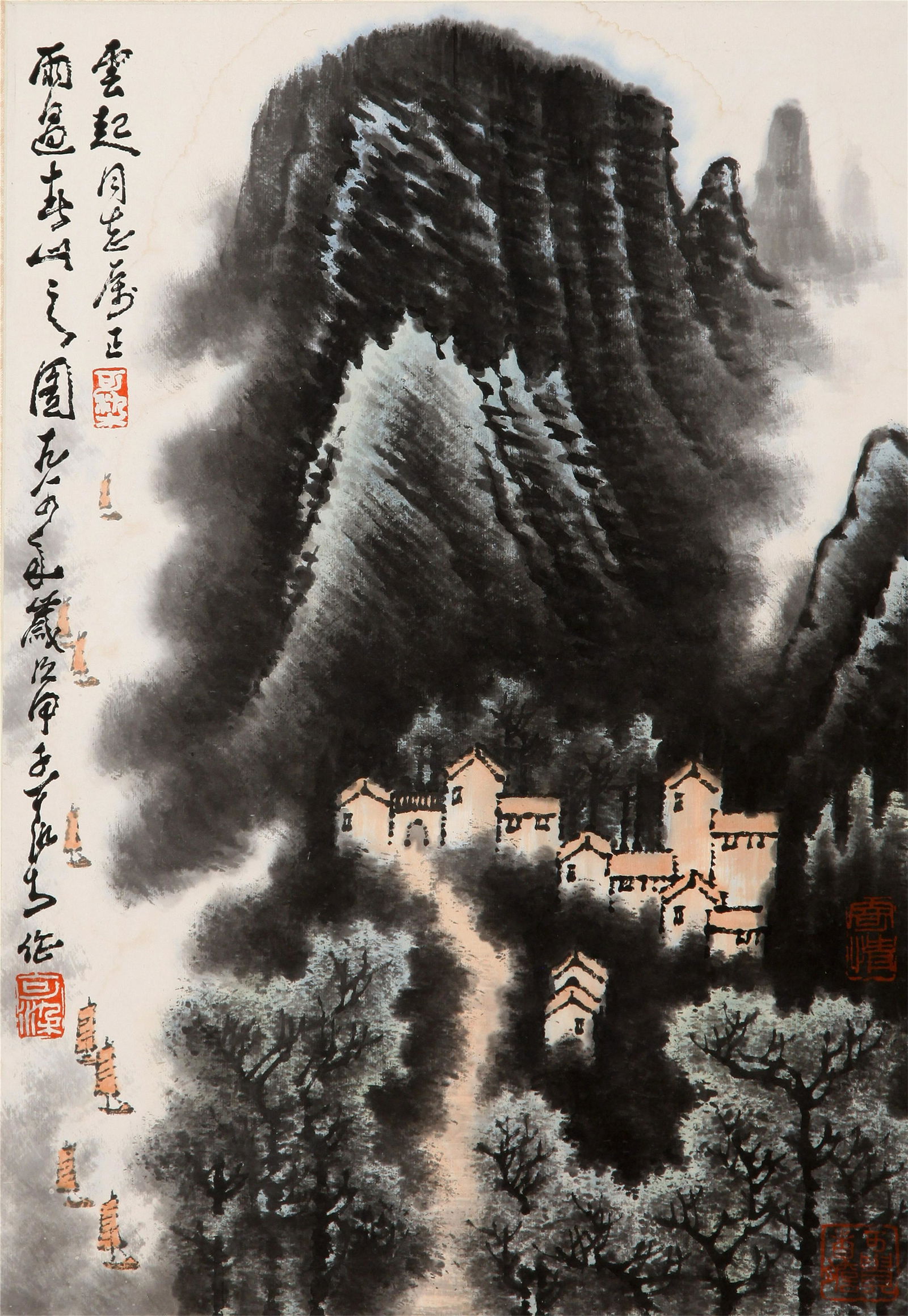 CHINESE SCROLL PAINTING OF MOUNTAIN VIEWS: CHINESE SCROLL PAINTING OF MOUNTAIN VIEWS. Image only size 49cm by 34cm. Domestic shipping $30 and oversea $100. Combined shipping available. Pick-up available in our NJ warehouse. We accept pre-sale
