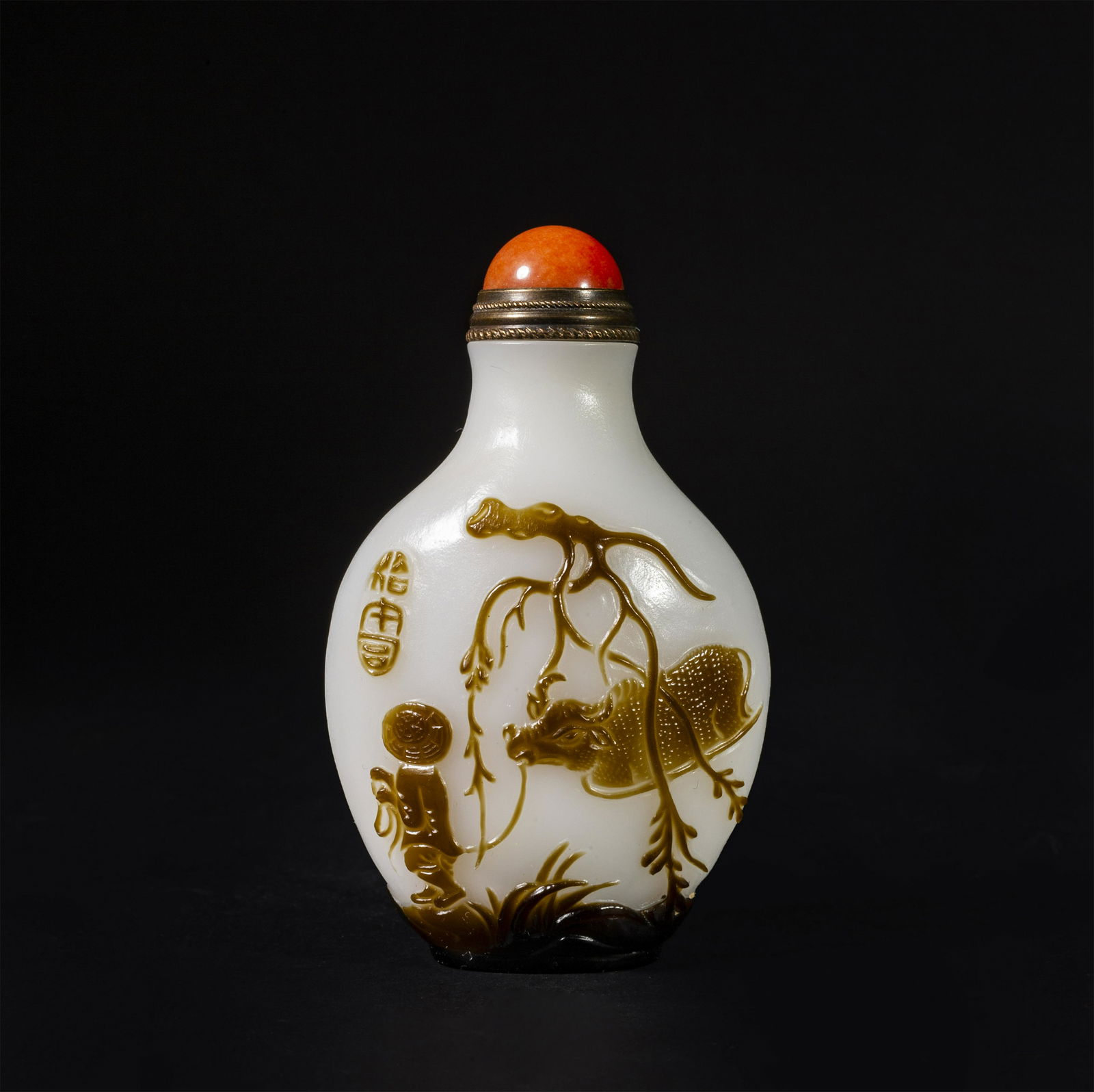 CHINESE PEKING GLASS BOY ON OX SNUFF BOTTLE (1 of 5)