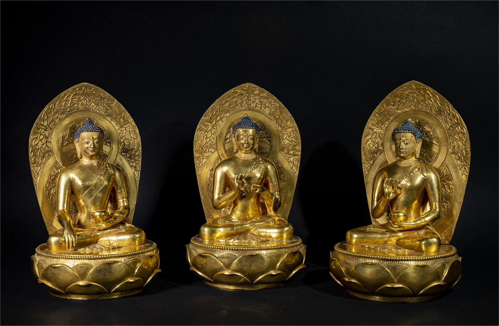 THREE CHINESE GILT BRONZE SEATED BUDDHA ON LOTUS BASE (1 of 15)