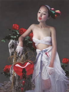 CHINESE COMTEMPORARY ART DIRECTLY FROM ARTIST HE: CHINESE COMTEMPORARY ART DIRECTLY FROM ARTIST HE HONGBEI. Title: Girl with Flower. No. 3. Oil on canvas. Size 200 cm by 150 cm. Date as 2014. Artist He Hongbei. The artwork exhibited on Famouns Asian