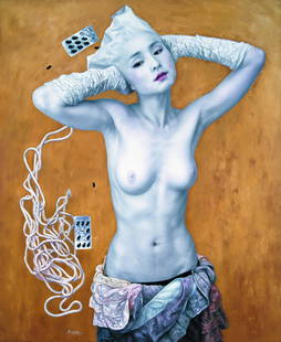 CHINESE COMTEMPORARY ART DIRECTLY FROM ARTIST HE: CHINESE COMTEMPORARY ART DIRECTLY FROM ARTIST HE HONGBEI. Title: Dumped Garbage---Relax. No. 21. Oil on canvas. Size 200 cm by 165 cm. Dated as 2010. Artist He Hongbei. The artwork exhibited on Famoun