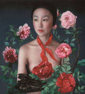 CHINESE COMTEMPORARY ART DIRECTLY FROM ARTIST HE: CHINESE COMTEMPORARY ART DIRECTLY FROM ARTIST HE HONGBEI. Title: Girl with Flower. No. 1. Oil on canvas. Size 150 cm by 135 cm. Date as 2013. Artist He Hongbei. The artwork exhibited on Famouns Asian