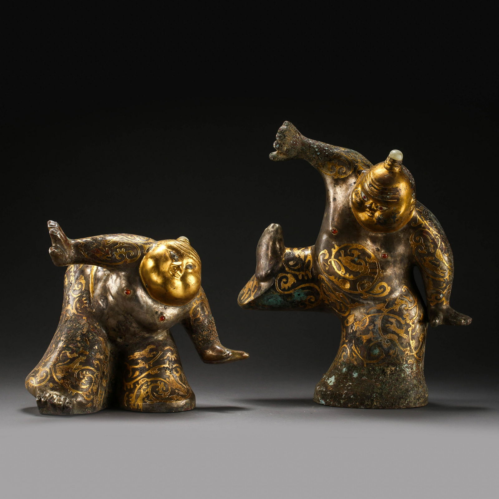TWO CHINESE GOLD INLAID BRONZE WRESTLING FIGURES (1 of 13)