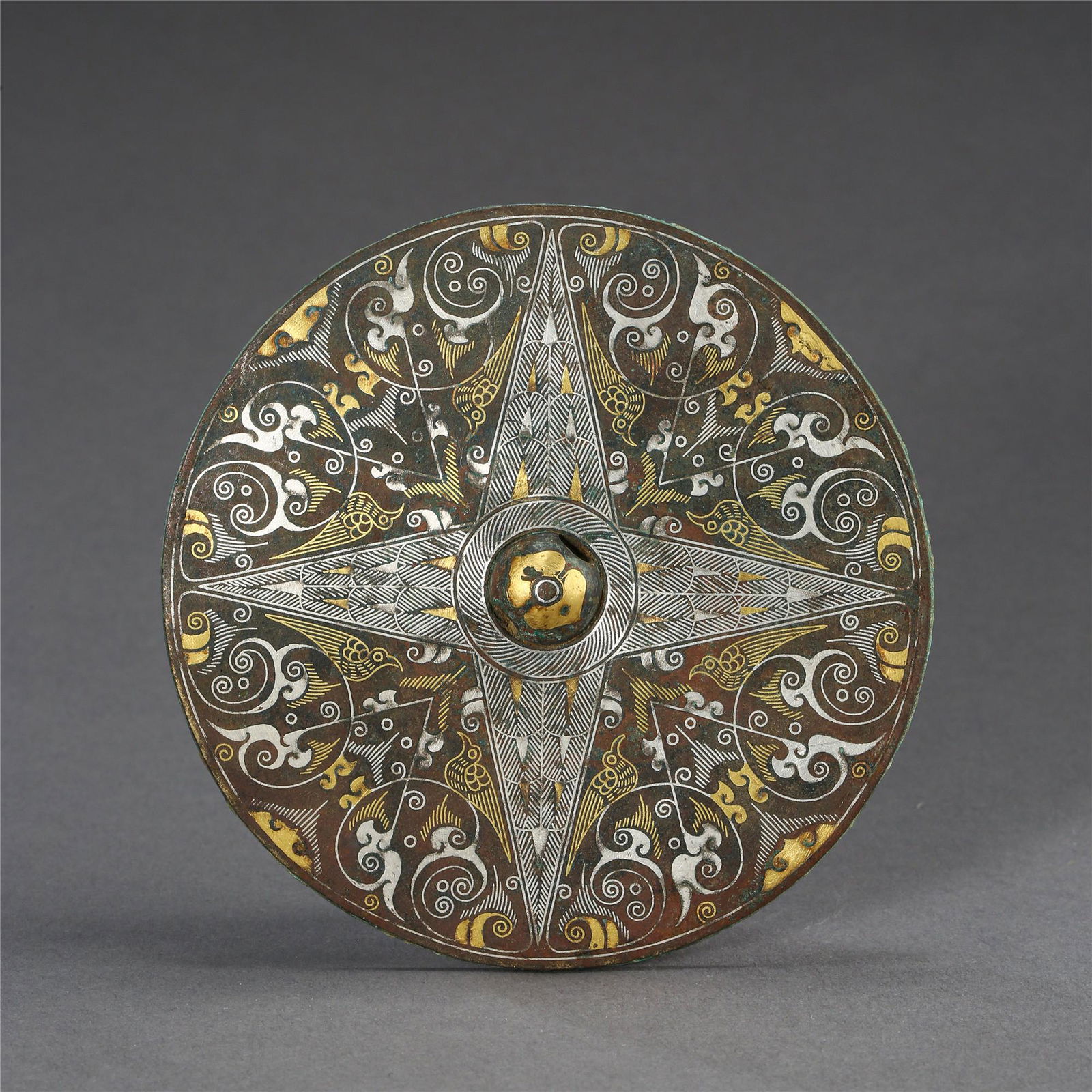CHINESE SILVER GOLD INLAID BRONZE ROUND MIRROR (1 of 5)