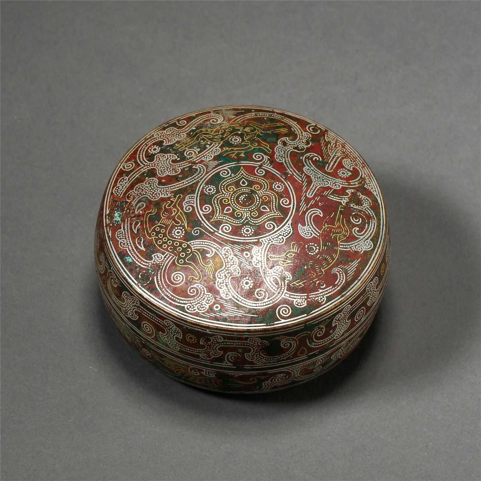 CHINESE SILVER GOLD INLAID BRONZE ROUND BOX (1 of 7)