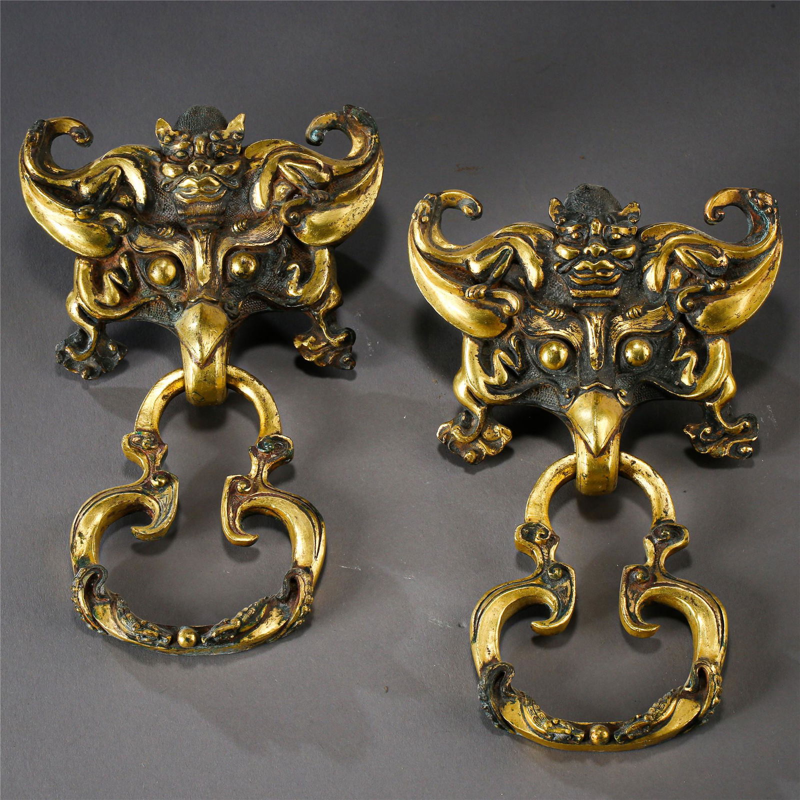 CHINESE GILT BRONZE BEAST DOOR KNOCKER (1 of 10)
