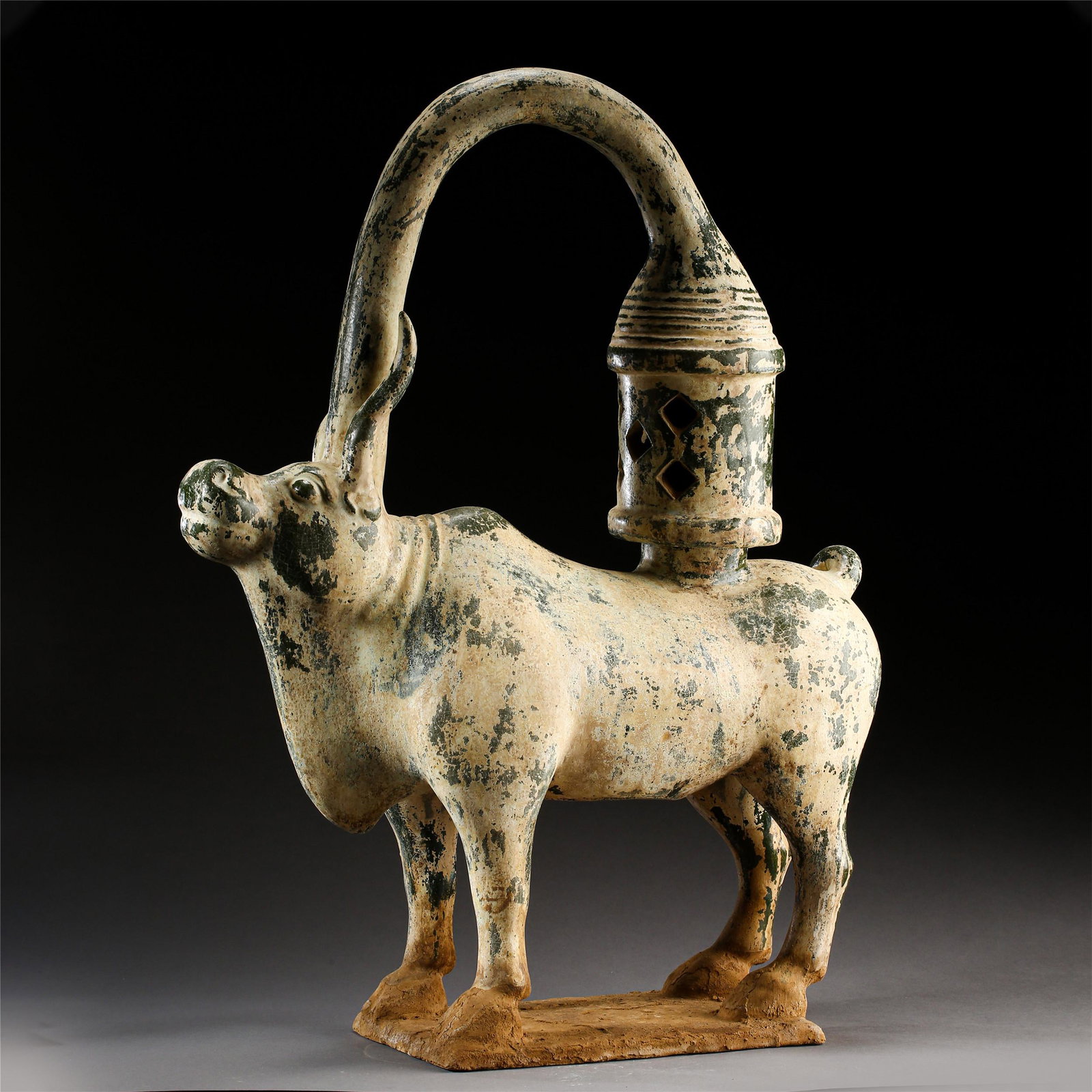 CHINESE POTTERY GREEN GLAZE OX OIL LIGHTER: CHINESE POTTERY GREEN GLAZE OX OIL LIGHTER. H. 55 cm. W. 40 cm. Weight 5650 gram.. Domestic shipping $50 and oversea $150. Combined shipping available. Pick-up available in our NJ warehouse. We accept