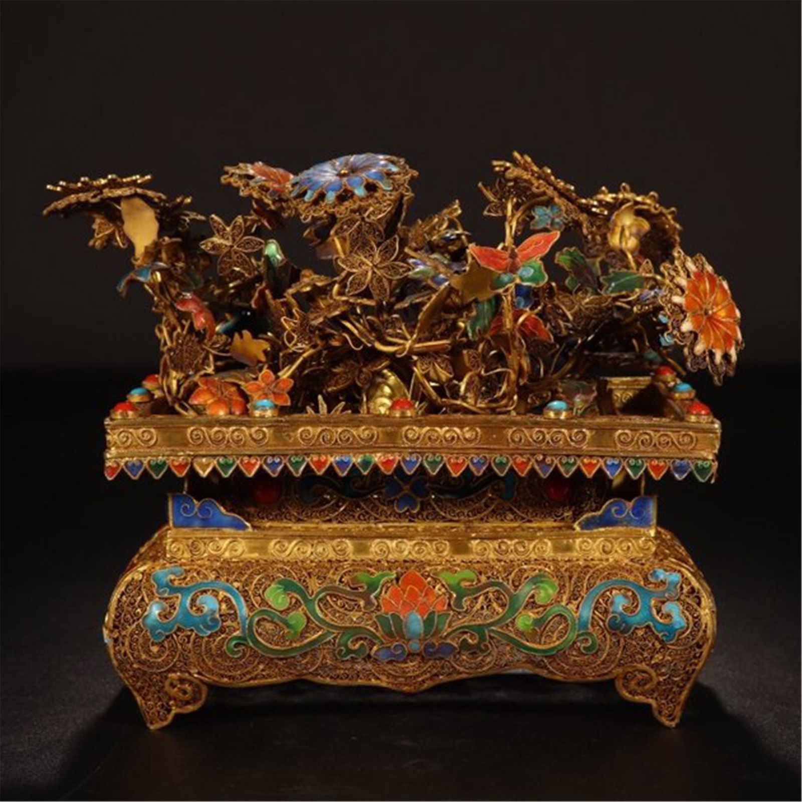 CHINESE GILT SILVER ENAMEL BENSAI IN BASIN (1 of 9)