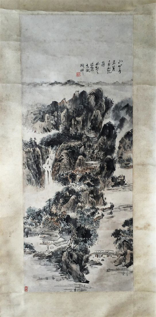 CHINESE SCROLL PAINTING OF MOUNTAIN VIEWS: CHINESE SCROLL PAINTING OF MOUNTAIN VIEWS. Image size 87 cm by 35 cm.