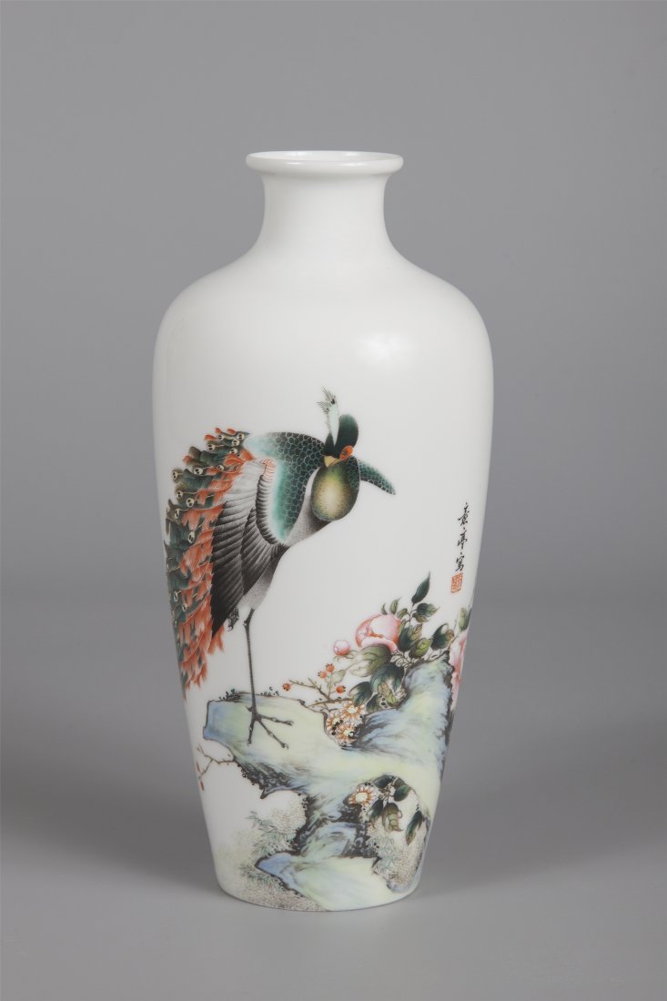 CHINESE PORCELAIN FAMILLE ROSE PEACOCK VASE (1 of 2)