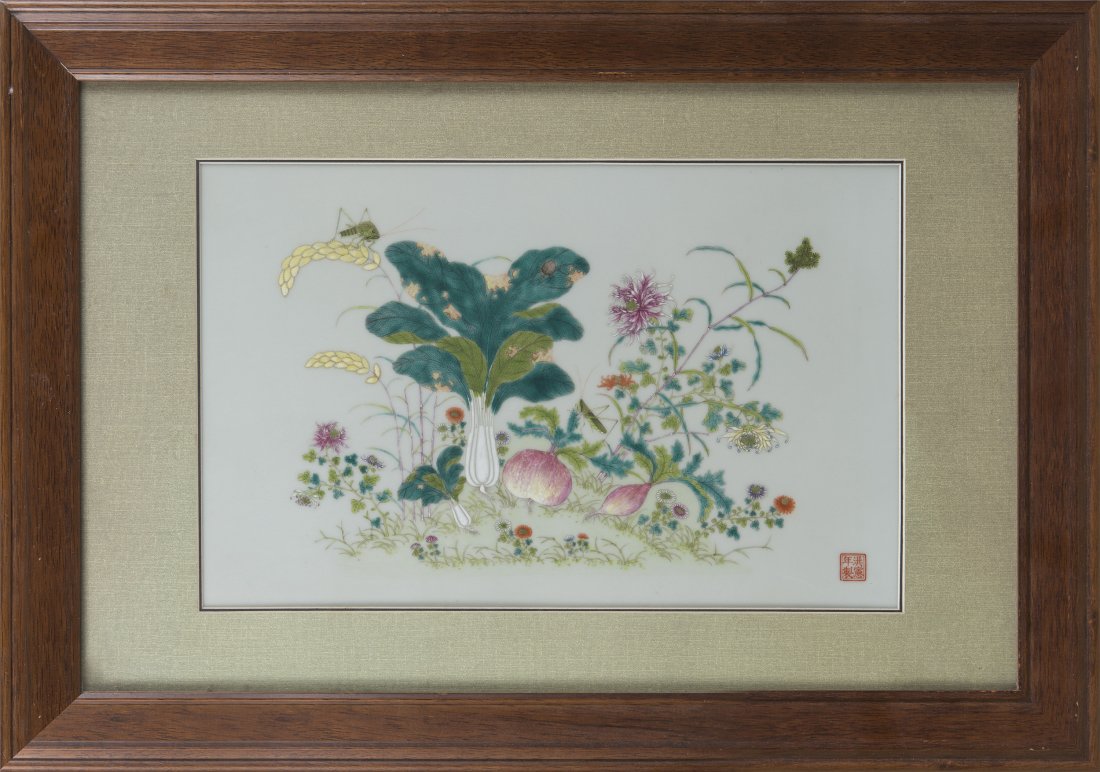FRAMED CHIENSE PORCELAIN FAMILLE ROSE FLOWER PLAQUE (1 of 1)