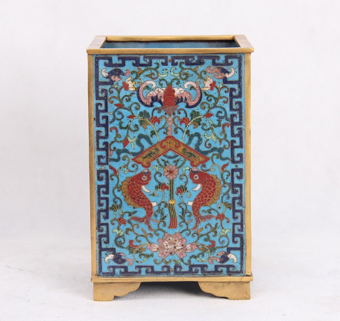 CHINESE CLOISONNE SQUARE FISH BRUSH POT (1 of 7)