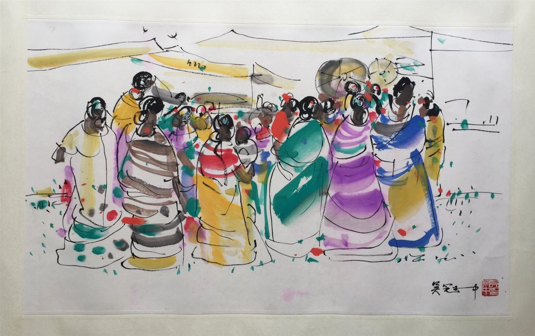 CHINESE WATERCOLOR OF AFRICAN WOMEN SIGNED BY WU: CHINESE WATERCOLOR OF AFRICAN WOMEN SIGNED BY WU GUANZHONG. Image size 68 cm by 41 cm.