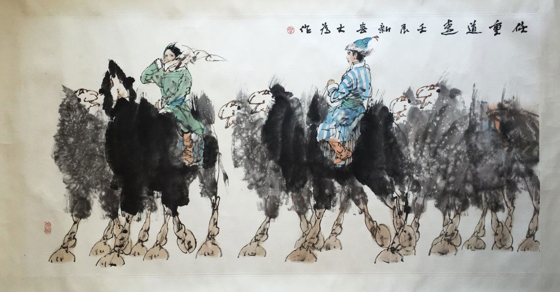 CHINESE SCROLL PAINTING OF HORSE AND HERDSMAN SIGNED BY: CHINESE SCROLL PAINTING OF HORSE AND HERDSMAN SIGNED BY LIU DAWEI. Image size 136 cm by 67 cm.