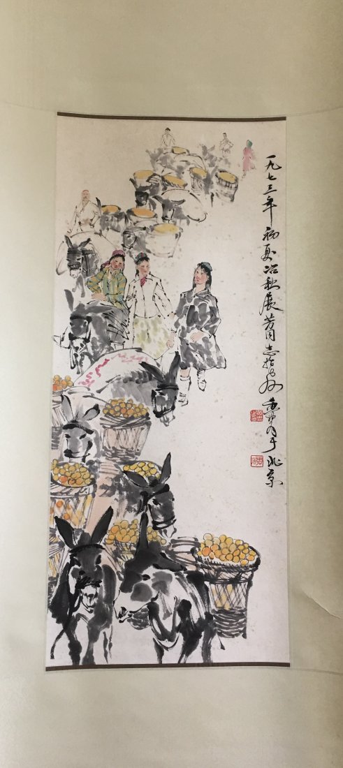 CHINESE SCROLL PAINTING OF DONKEYS SIGNED BY HUANG ZHOU: CHINESE SCROLL PAINTING OF DONKEYS SIGNED BY HUANG ZHOU. Image size 77 cm by 33 cm.