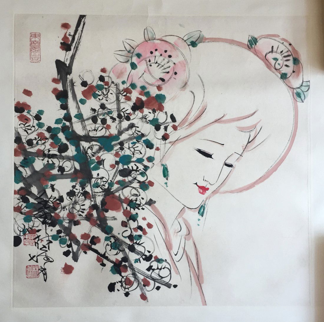 CHINESE SCROLL PAINTING OF LADY AND FLOWER (1 of 4)