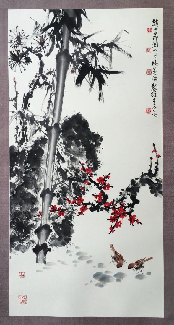 CHINESE SCROLL PAINTING OF SPARROW AND BAMBOO (1 of 6)