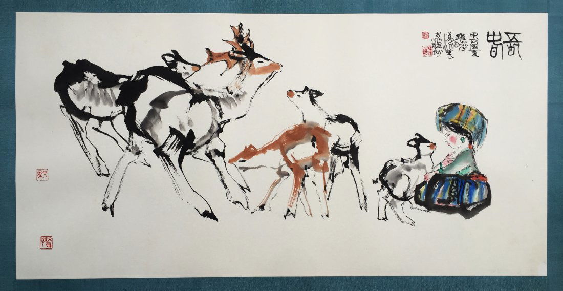 CHINESE SCROLL PAINTING OF GIRL AND DEER: CHINESE SCROLL PAINTING OF GIRL AND DEER. Signed and dated. Image only size 136 cm by 67 cm. Domestic shipping $20 and oversea $40. Combined shipping availabe.