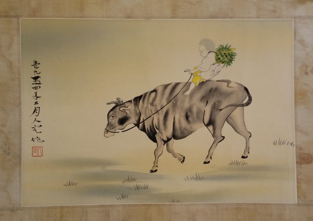 CHINESE SCROLL PAINTING OF BOY ON BACK OF OX: CHINESE SCROLL PAINTING OF BOY ON BACK OF OX. Signed and dated. Image only size 41 cm by 28 cm. Domestic shipping $20 and oversea $40. Combined shipping avialable.
