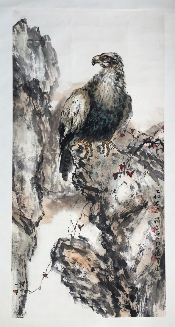 CHINESE SCROLL PAINTING OF EAGLE ON ROCK (1 of 4)