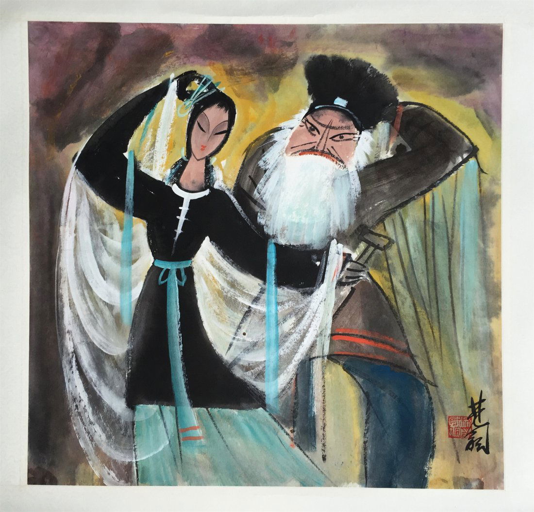 CHINESE SCROLL PAINTING OF TWO OPERA FIGURES (1 of 3)