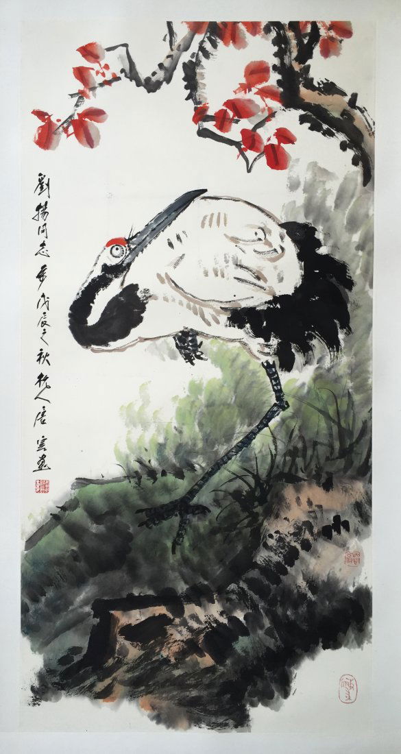 CHINESE SCROLL PAINTING OF CRANE UNDER TREE (1 of 4)