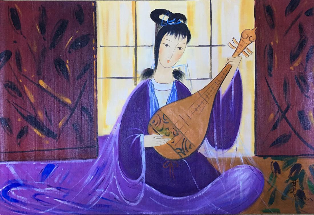 CHINESE SCROLL PAINTING OF LADY PLAYING ZENITH (1 of 6)