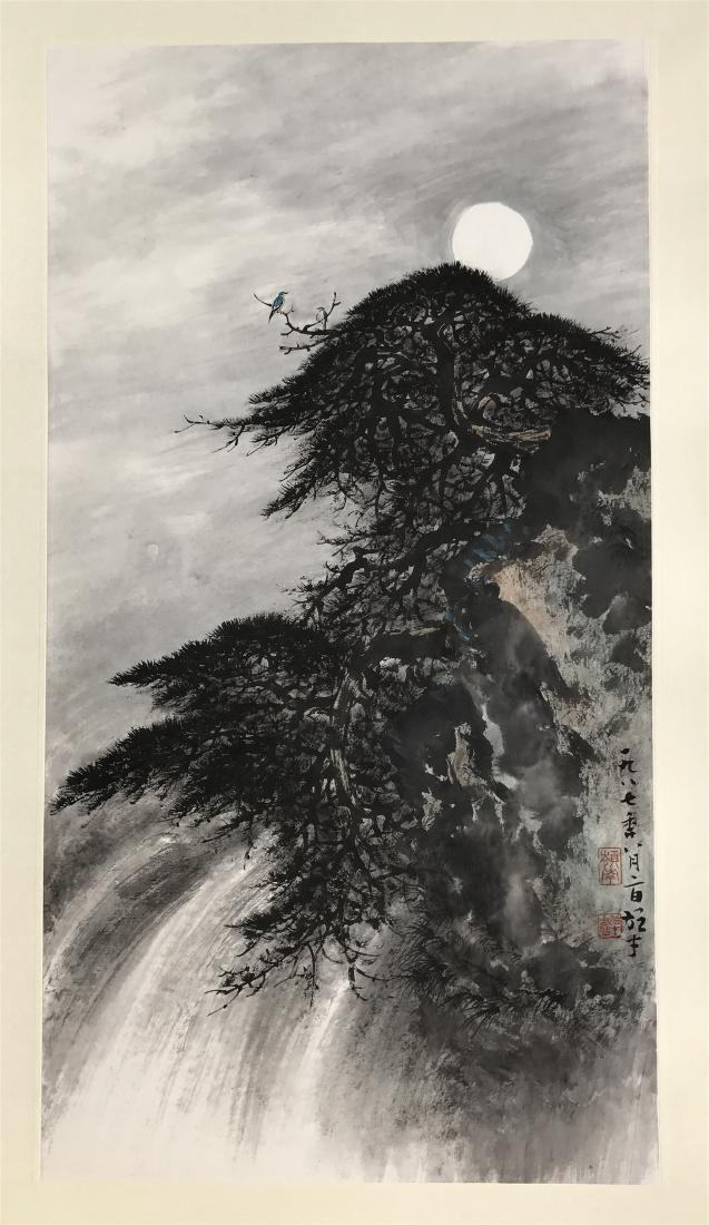 CHINESE SCROLL PAINTING OF PINE UNDER MOON (1 of 3)