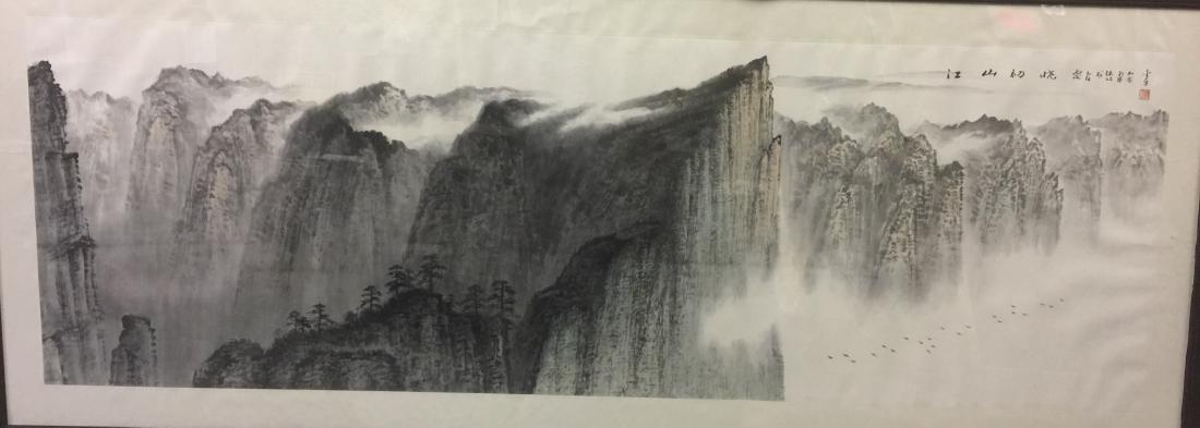 LARGE CHINESE FRAMED SCROLL PAINTING OF MOUNTAIN VIEWS (1 of 6)